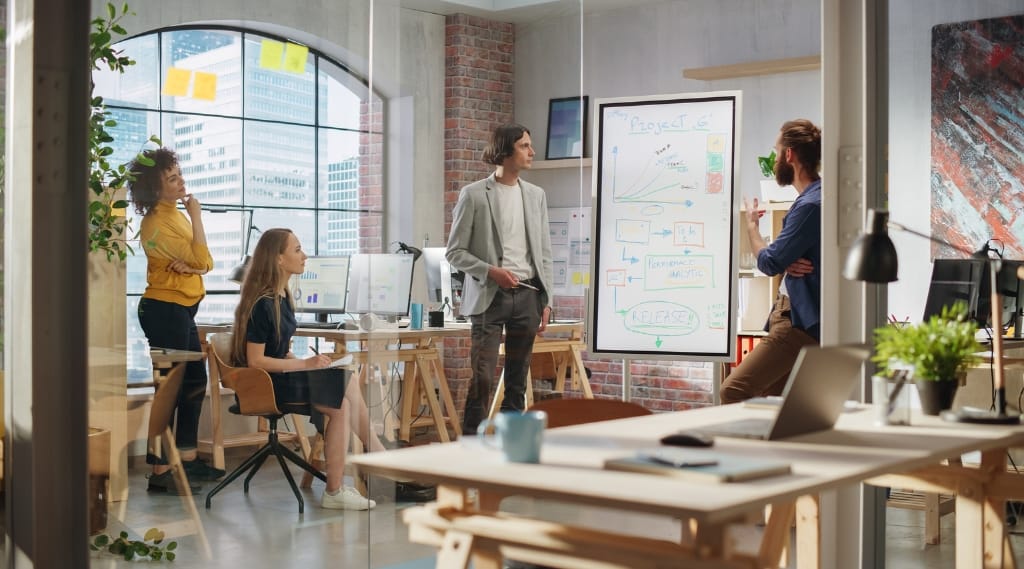 A marketing agency brainstorming with a whiteboard