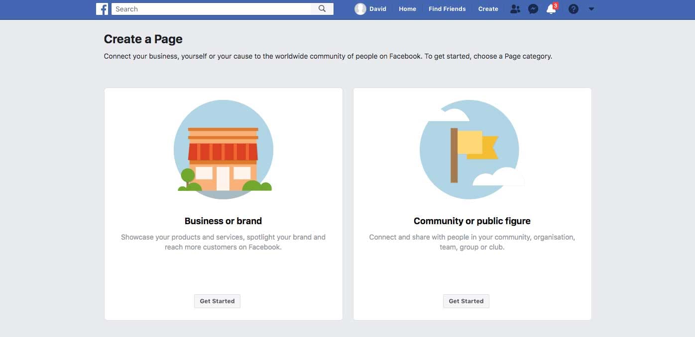 Creating a Facebook business page - step 1, choose the page category