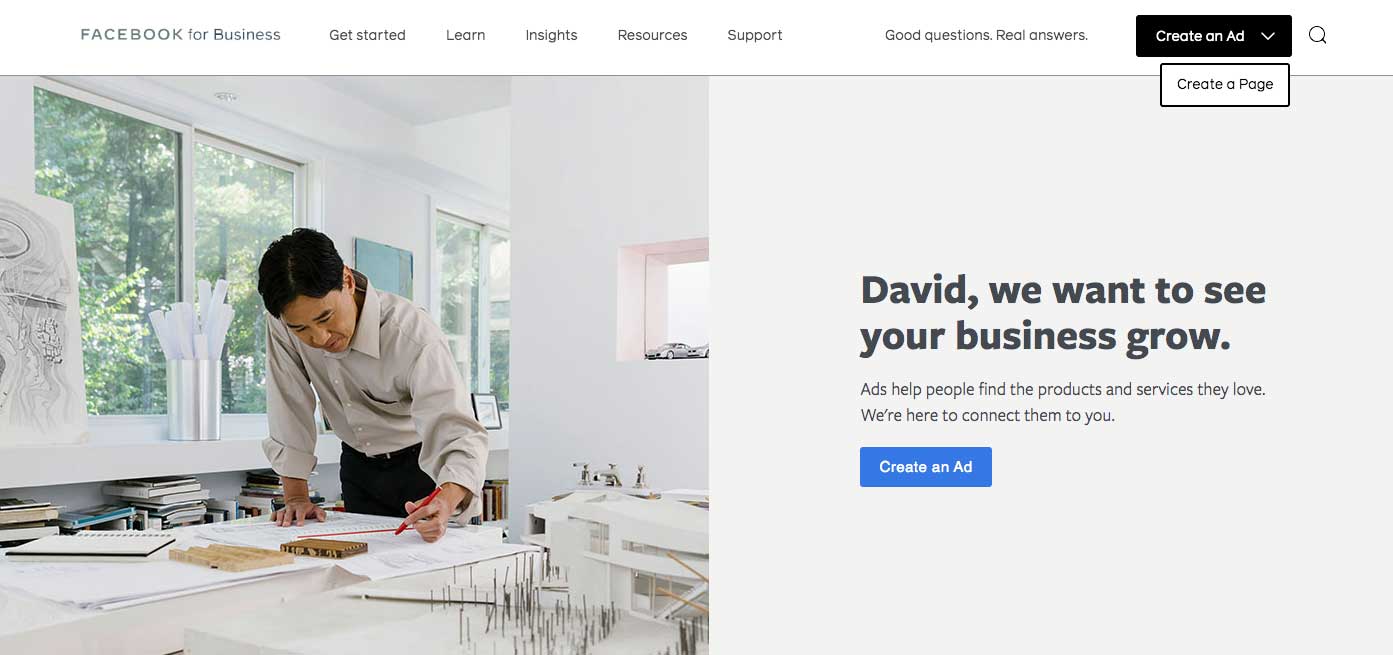 Facebook for Business landing page with 'Create a Page' dropdown link visible