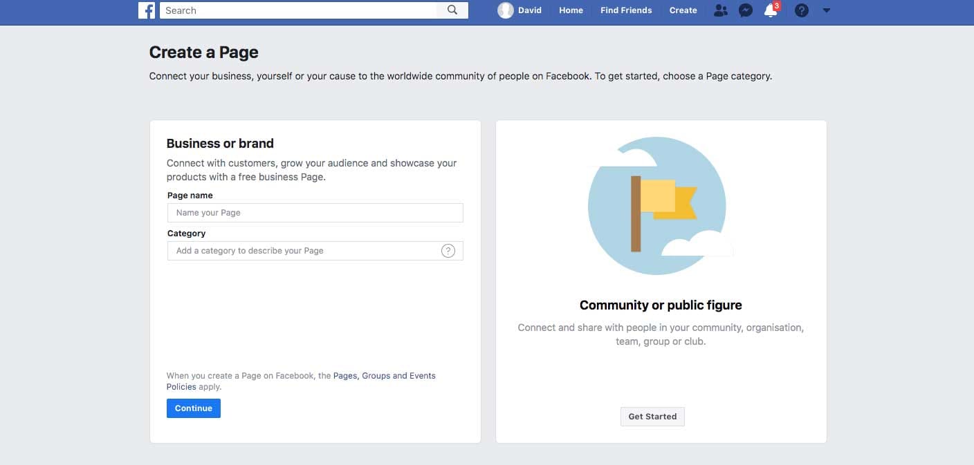 Creating a Business page on Facebook - Form to enter the business name and type