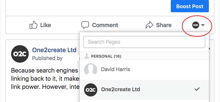Selecting from the dropdown who you want to post a comment from on Facebook - Switching between commenting from personal profile and business profile