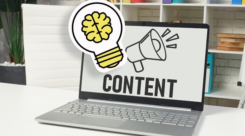 A stylised laptop with a lightbulb-brain and megaphone reading the word 'CONTENT'