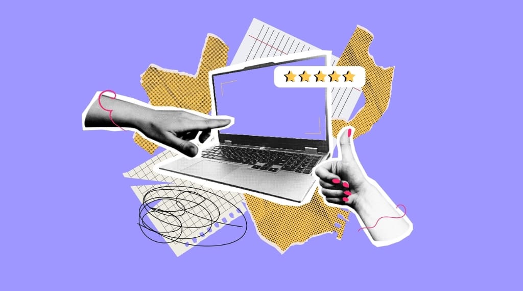 A stylised image of a laptop with thumbs up next to five stars